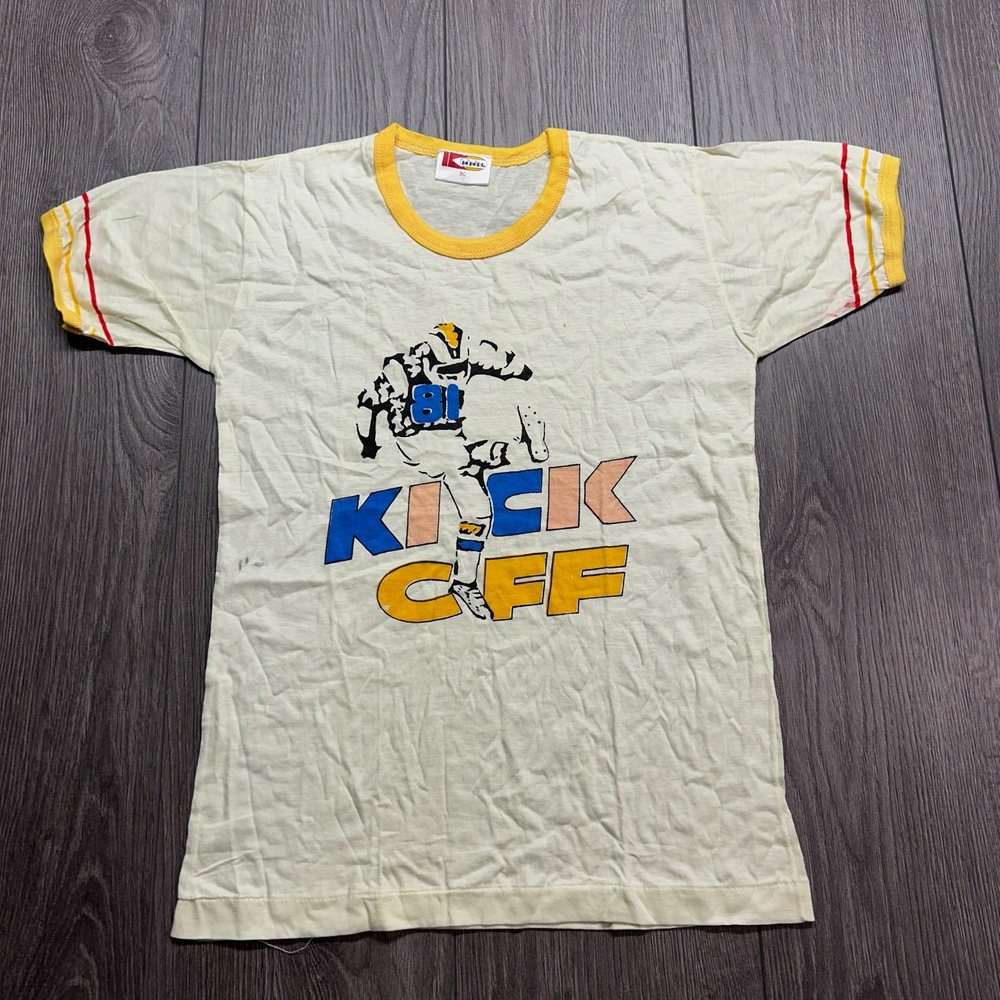 Vintage 80s Kohoru Kick Off Football Ringer T-Shirt Cream Yellow Small Single St